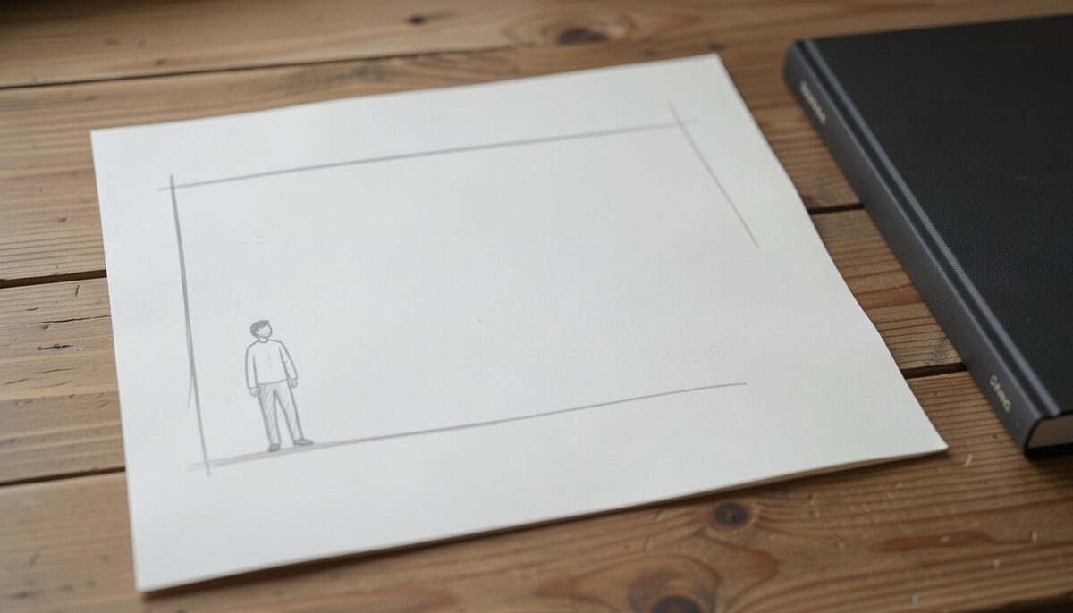 A simple hand-drawn frame with one figure near the edge and empty space beside it. Illustrative image, generated with AI.