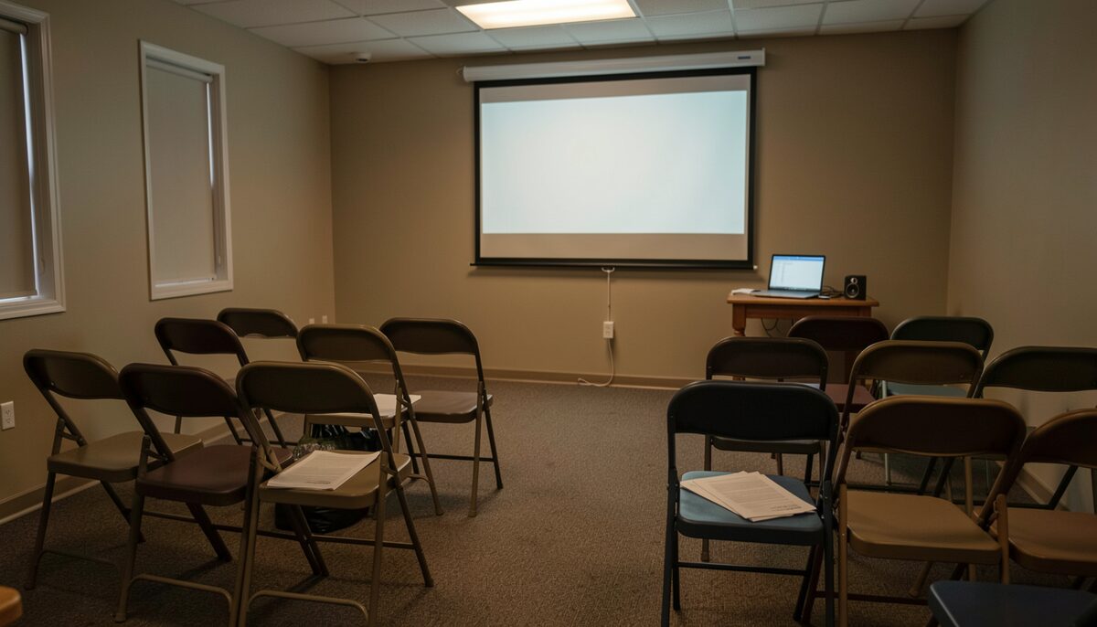 A community screening room set up for a short film and a guided conversation. Illustrative image, generated with AI.